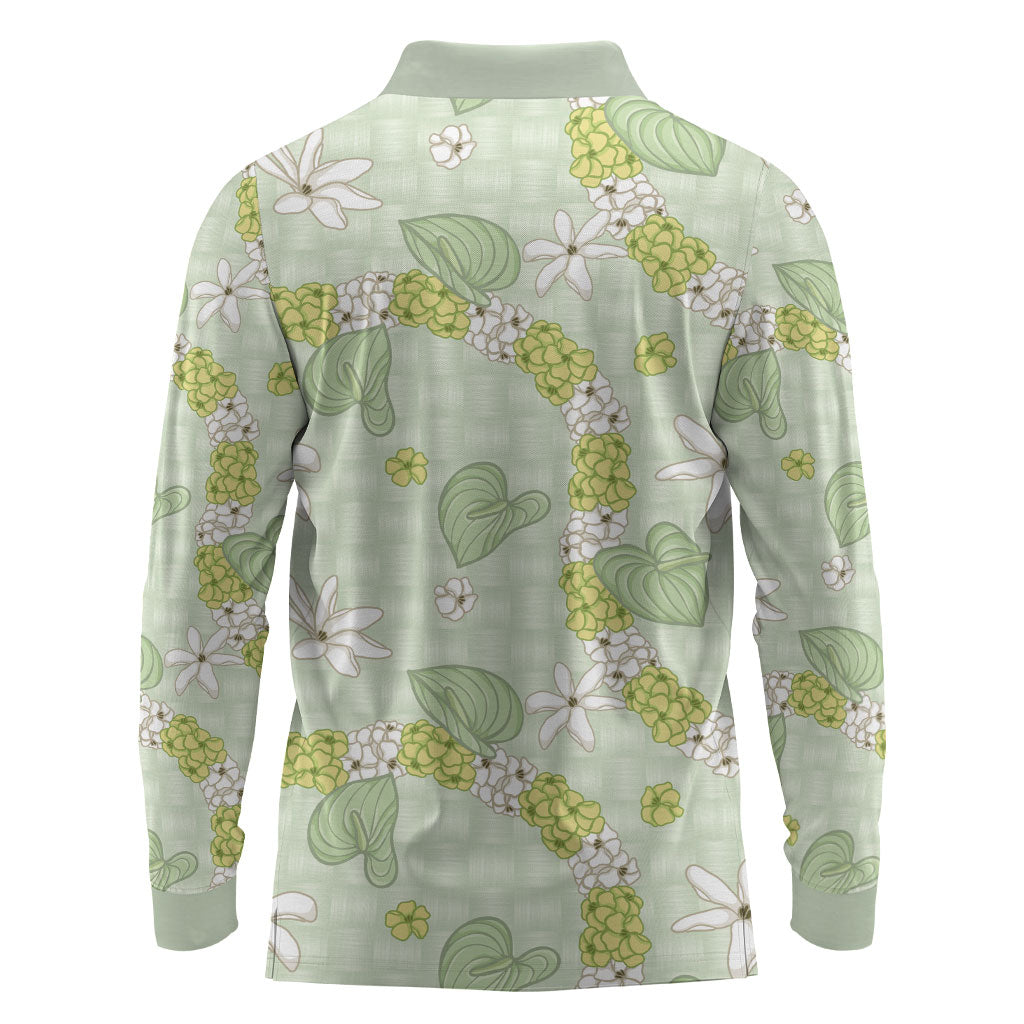 Hawaii Anthurium Tiare Pikake Lei Long Sleeve Polo Shirt Sage Green Lauhala Art Pattern