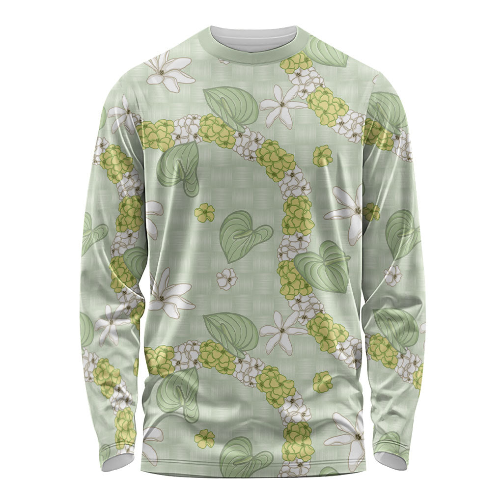 Hawaii Anthurium Tiare Pikake Lei Long Sleeve Shirt Sage Green Lauhala Art Pattern