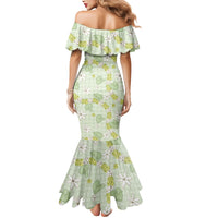 Hawaii Anthurium Tiare Pikake Lei Mermaid Dress Sage Green Lauhala Art Pattern