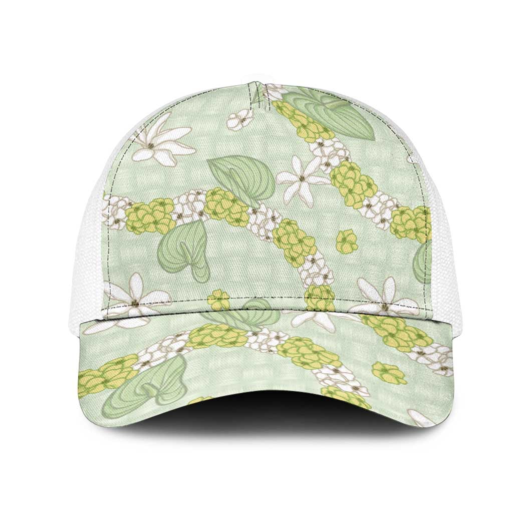 Hawaii Anthurium Tiare Pikake Lei Mesh Trucker Cap Sage Green Lauhala Art Pattern