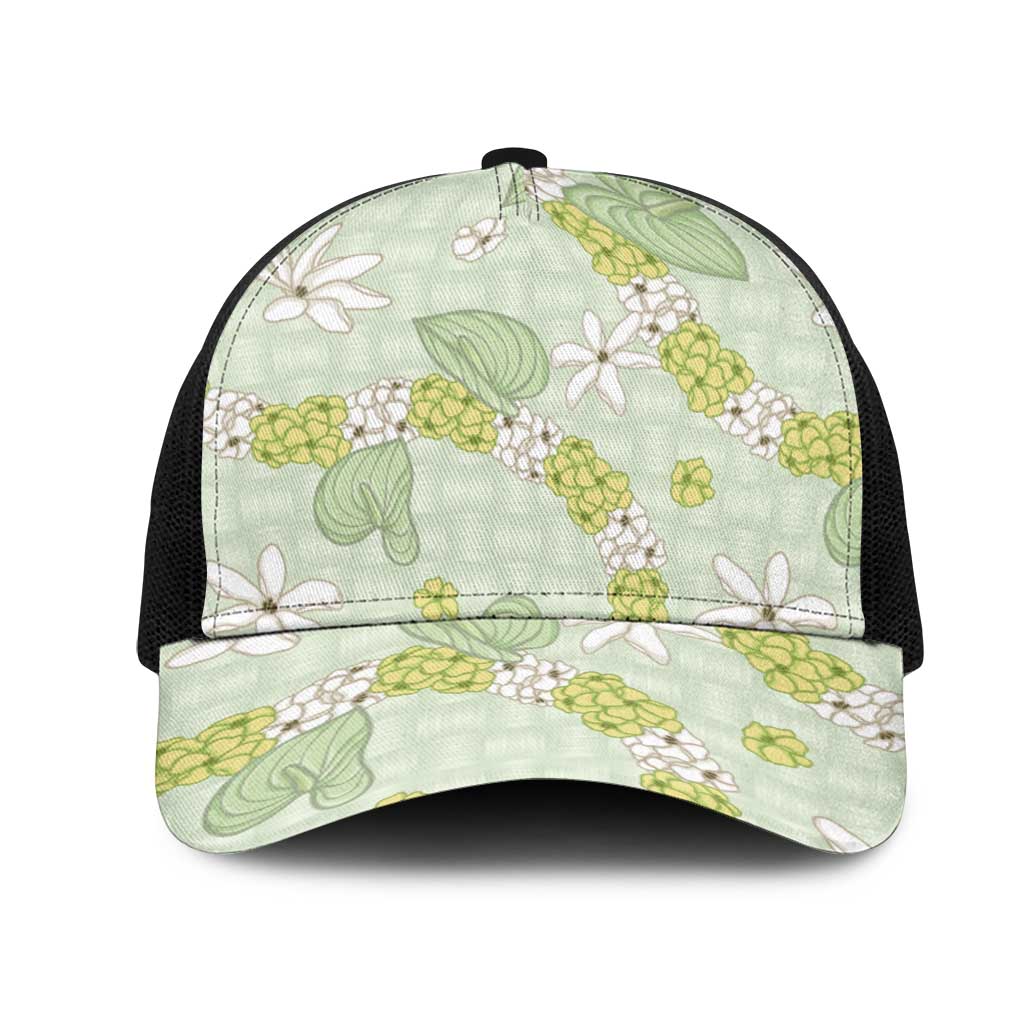 Hawaii Anthurium Tiare Pikake Lei Mesh Trucker Cap Sage Green Lauhala Art Pattern