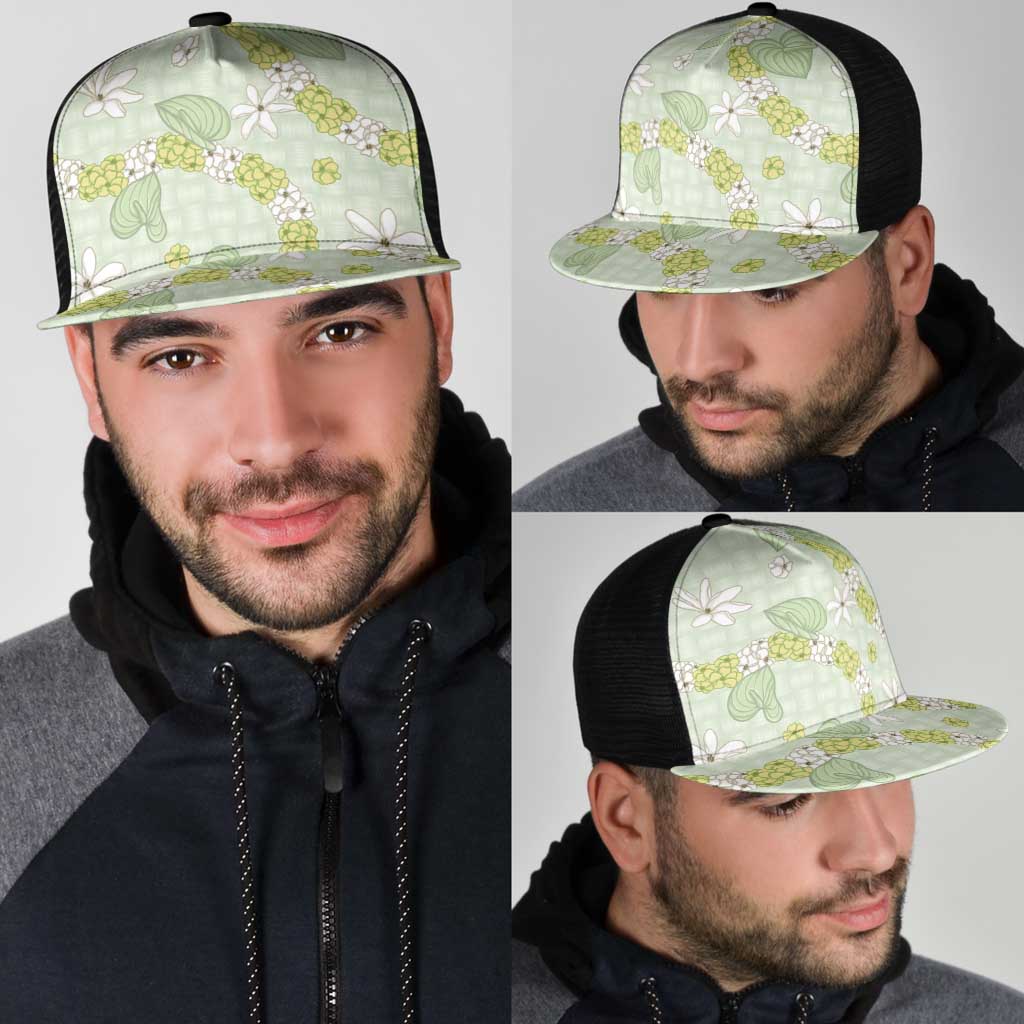 Hawaii Anthurium Tiare Pikake Lei Mesh Trucker Cap Sage Green Lauhala Art Pattern