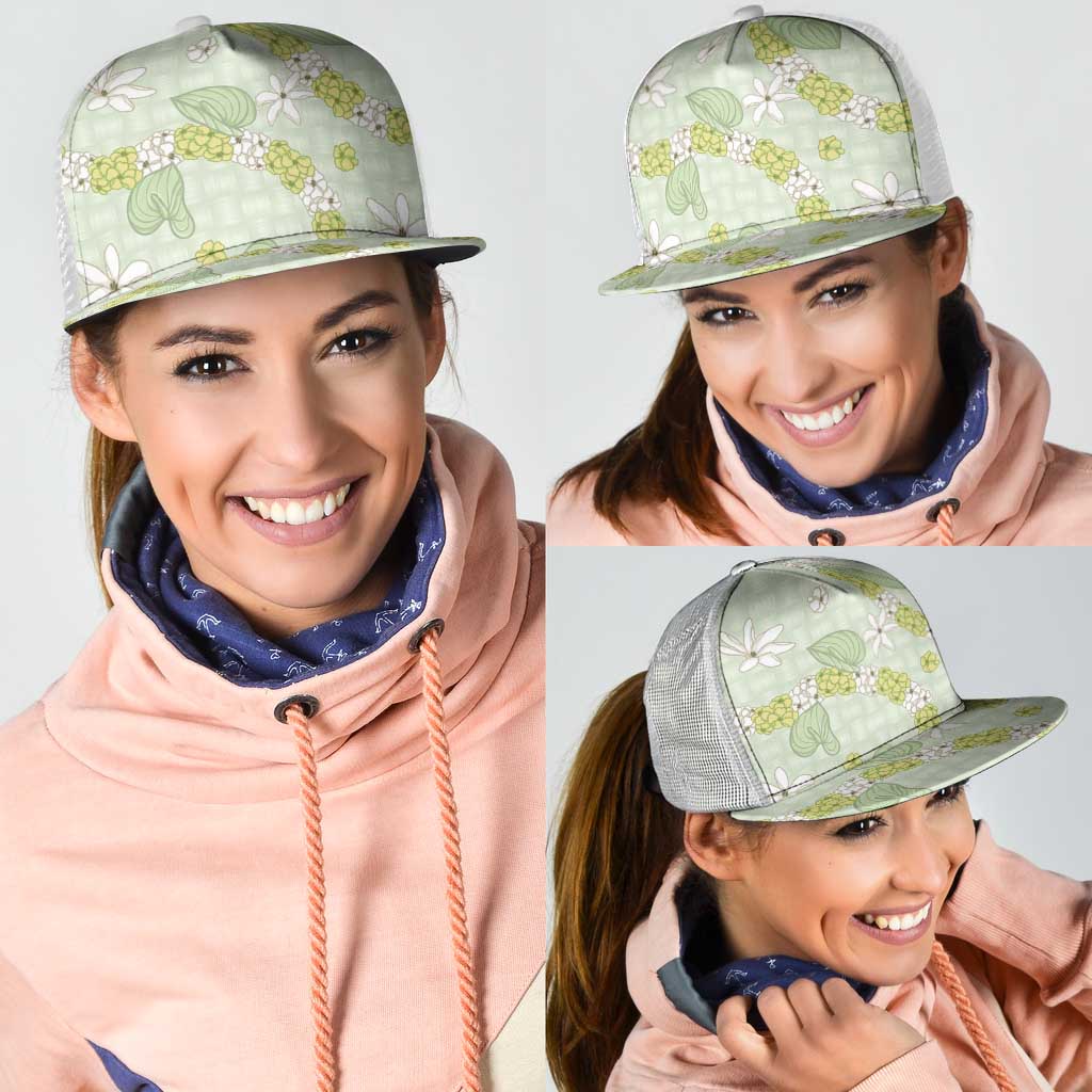 Hawaii Anthurium Tiare Pikake Lei Mesh Trucker Cap Sage Green Lauhala Art Pattern
