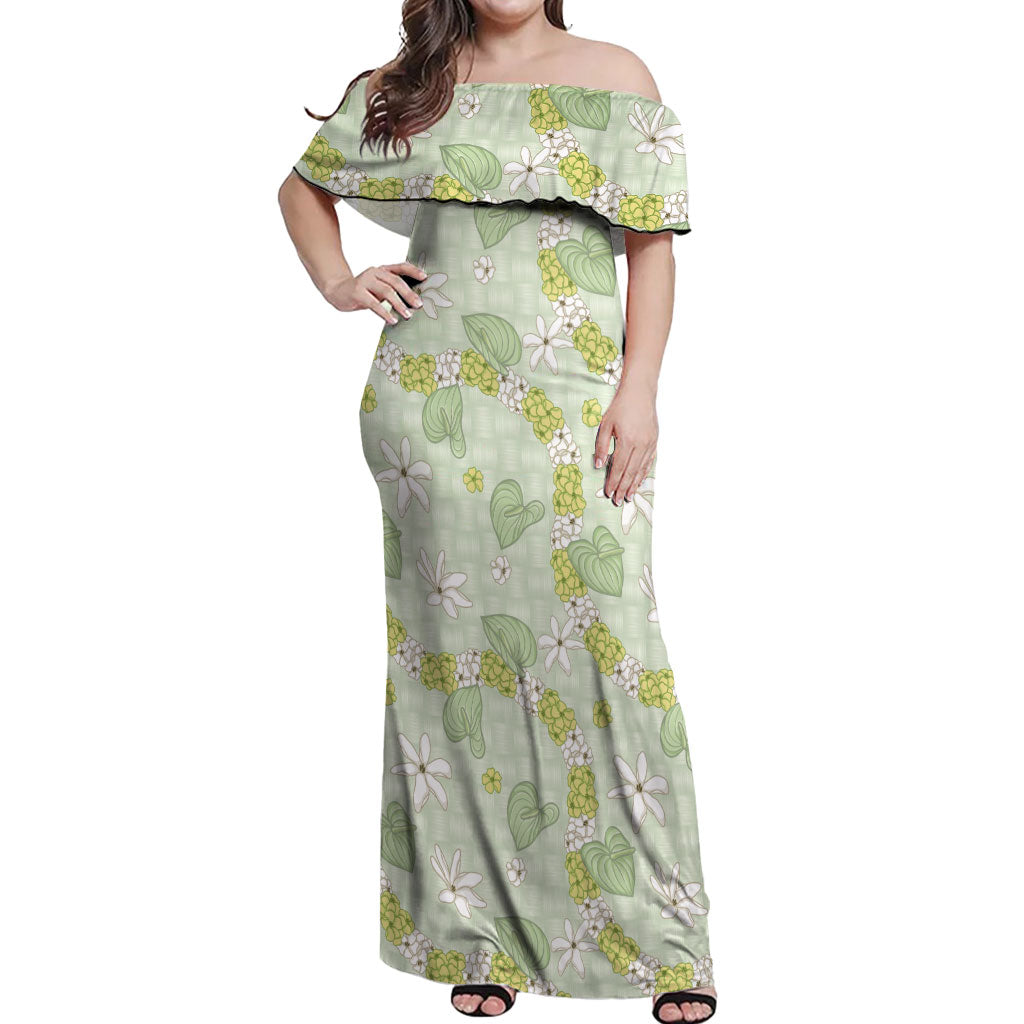 Hawaii Anthurium Tiare Pikake Lei Off Shoulder Maxi Dress Sage Green Lauhala Art Pattern