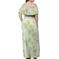 Hawaii Anthurium Tiare Pikake Lei Off Shoulder Maxi Dress Sage Green Lauhala Art Pattern