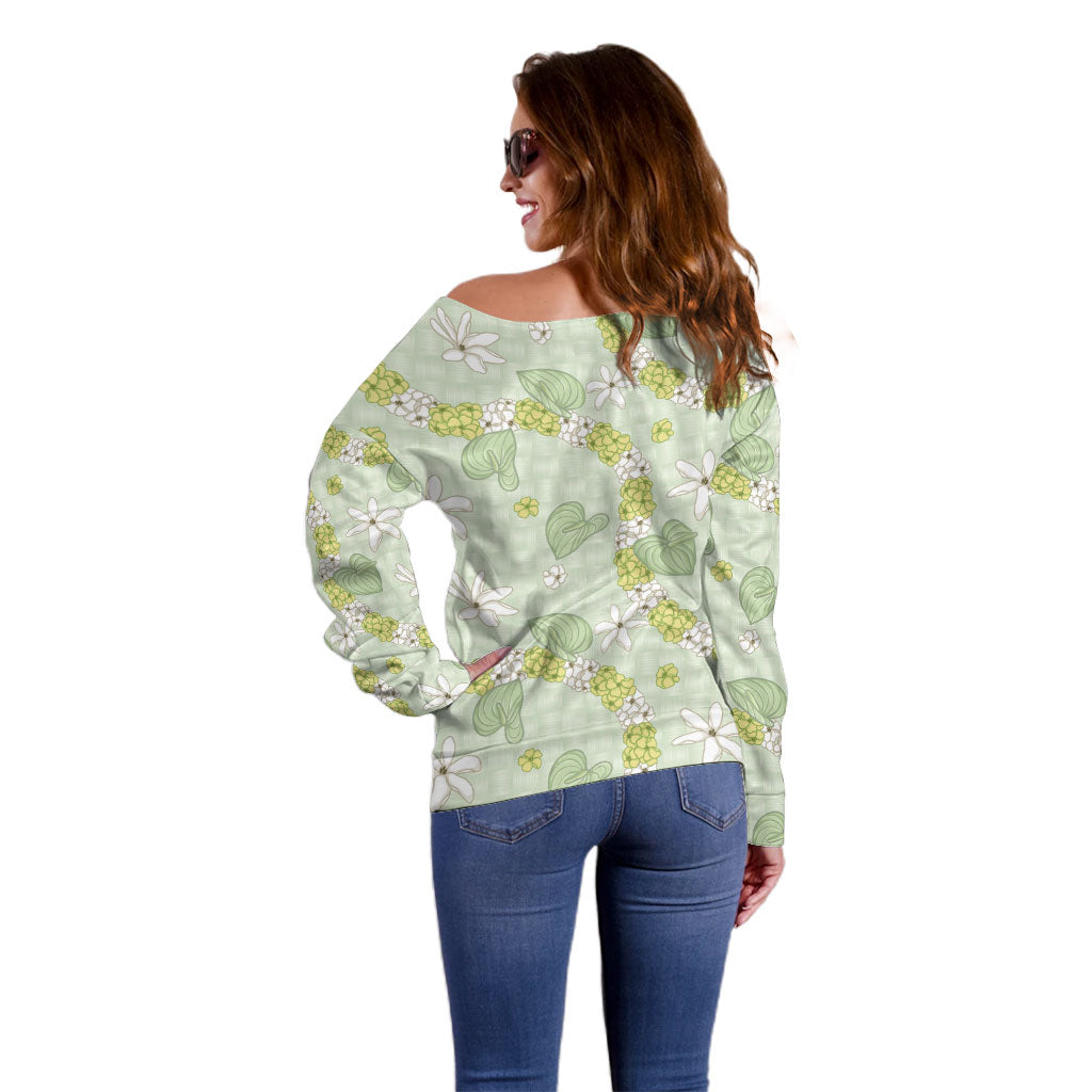 Hawaii Anthurium Tiare Pikake Lei Off Shoulder Sweater Sage Green Lauhala Art Pattern