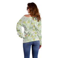 Hawaii Anthurium Tiare Pikake Lei Off Shoulder Sweater Sage Green Lauhala Art Pattern