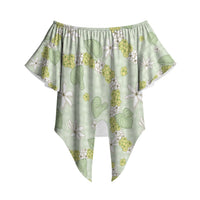 Hawaii Anthurium Tiare Pikake Lei Off Shoulder Wrap Waist Top Sage Green Lauhala Art Pattern LT01 Green - Polynesian Pride