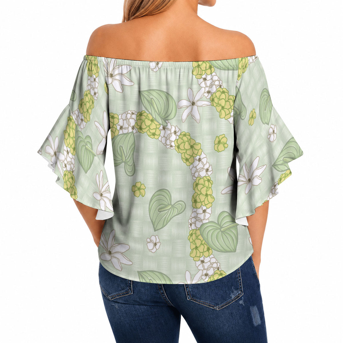 Hawaii Anthurium Tiare Pikake Lei Off Shoulder Wrap Waist Top Sage Green Lauhala Art Pattern LT01 - Polynesian Pride