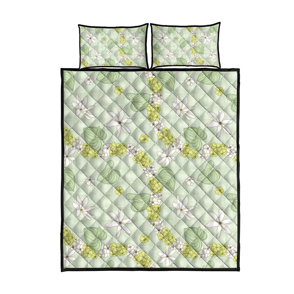 Hawaii Anthurium Tiare Pikake Lei Quilt Bed Set Sage Green Lauhala Art Pattern