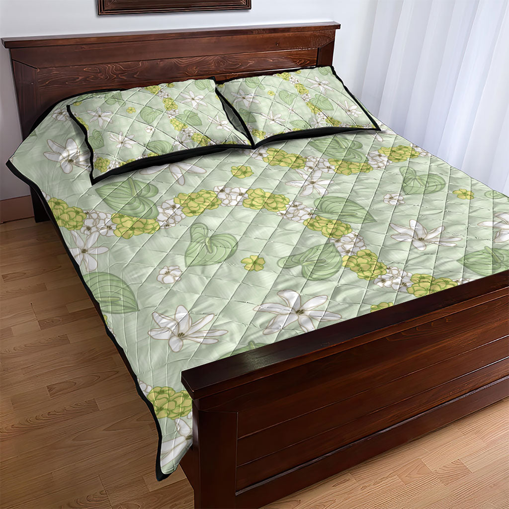 Hawaii Anthurium Tiare Pikake Lei Quilt Bed Set Sage Green Lauhala Art Pattern