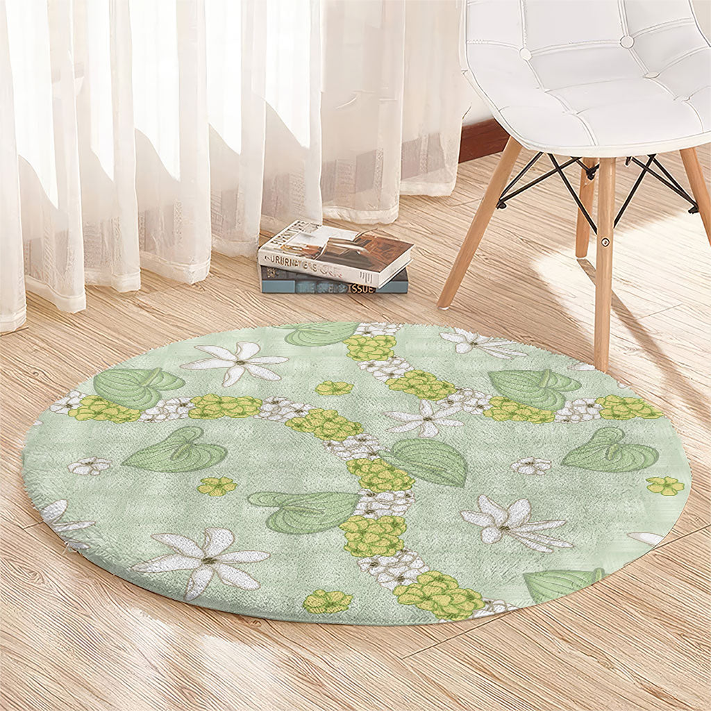 Hawaii Anthurium Tiare Pikake Lei Round Carpet Sage Green Lauhala Art Pattern
