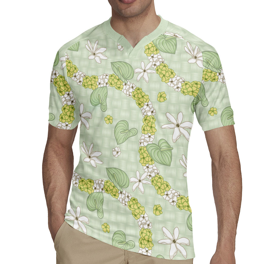 Hawaii Anthurium Tiare Pikake Lei Rugby Jersey Sage Green Lauhala Art Pattern