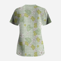 Hawaii Anthurium Tiare Pikake Lei Scrub Top Sage Green Lauhala Art Pattern