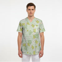 Hawaii Anthurium Tiare Pikake Lei Scrub Top Sage Green Lauhala Art Pattern