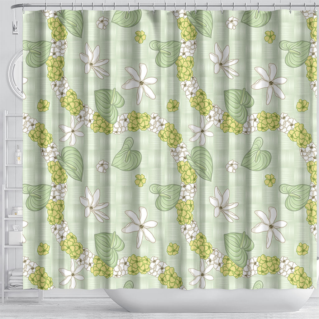 Hawaii Anthurium Tiare Pikake Lei Shower Curtain Sage Green Lauhala Art Pattern