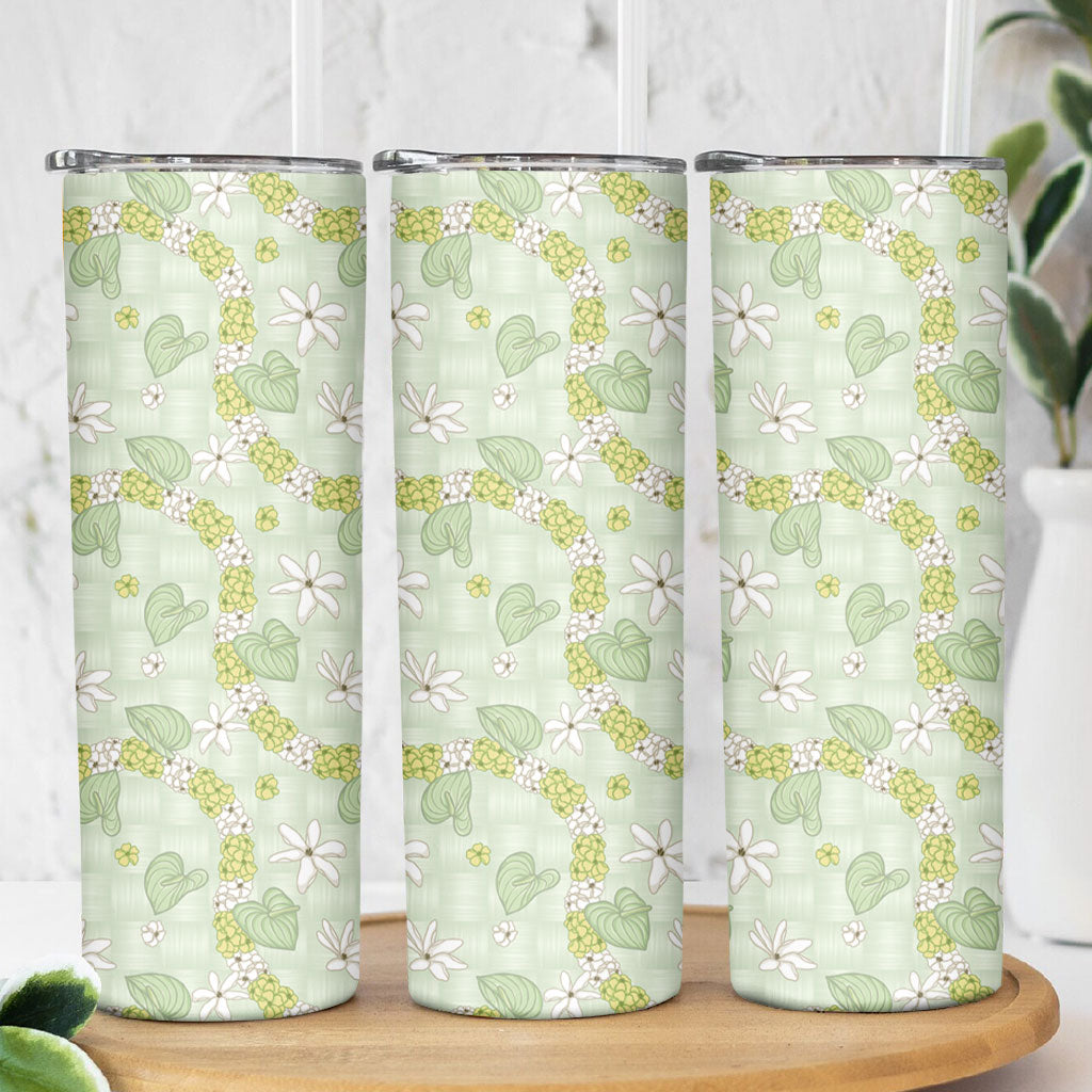 Hawaii Anthurium Tiare Pikake Lei Skinny Tumbler Sage Green Lauhala Art Pattern