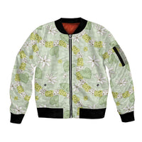 Hawaii Anthurium Tiare Pikake Lei Sleeve Zip Bomber Jacket Sage Green Lauhala Art Pattern