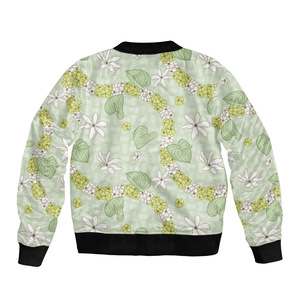 Hawaii Anthurium Tiare Pikake Lei Sleeve Zip Bomber Jacket Sage Green Lauhala Art Pattern