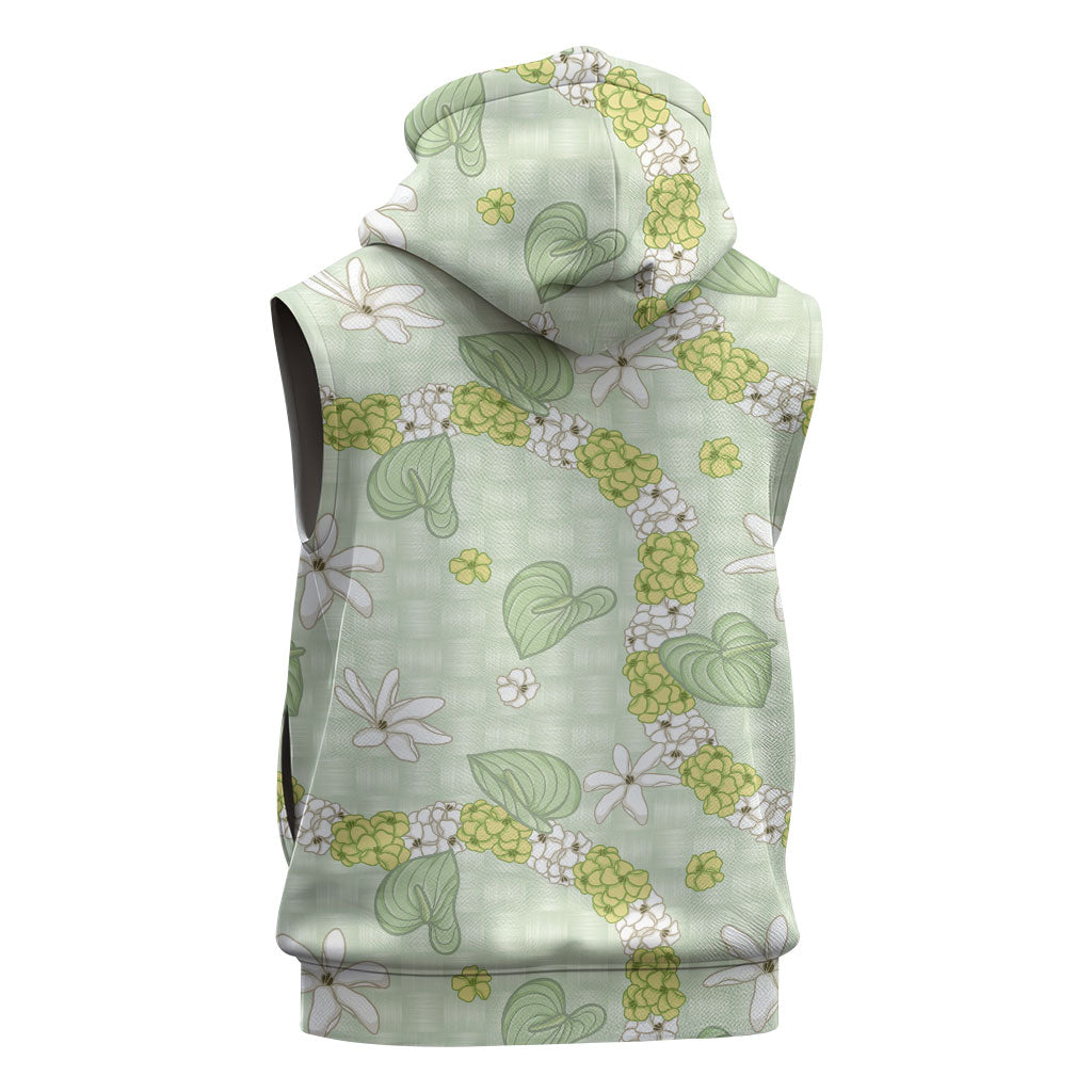 Hawaii Anthurium Tiare Pikake Lei Sleeveless Hoodie Sage Green Lauhala Art Pattern