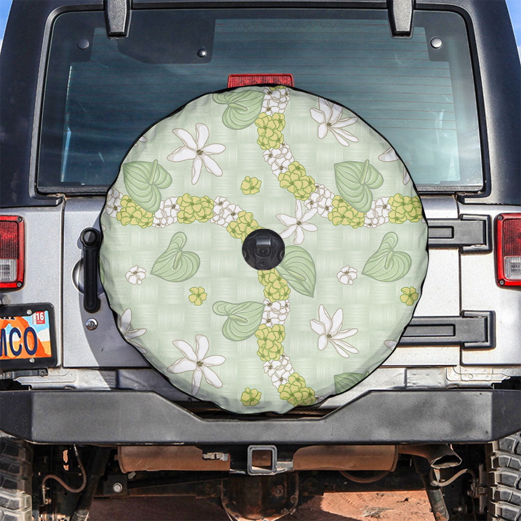 Hawaii Anthurium Tiare Pikake Lei Spare Tire Cover Sage Green Lauhala Art Pattern