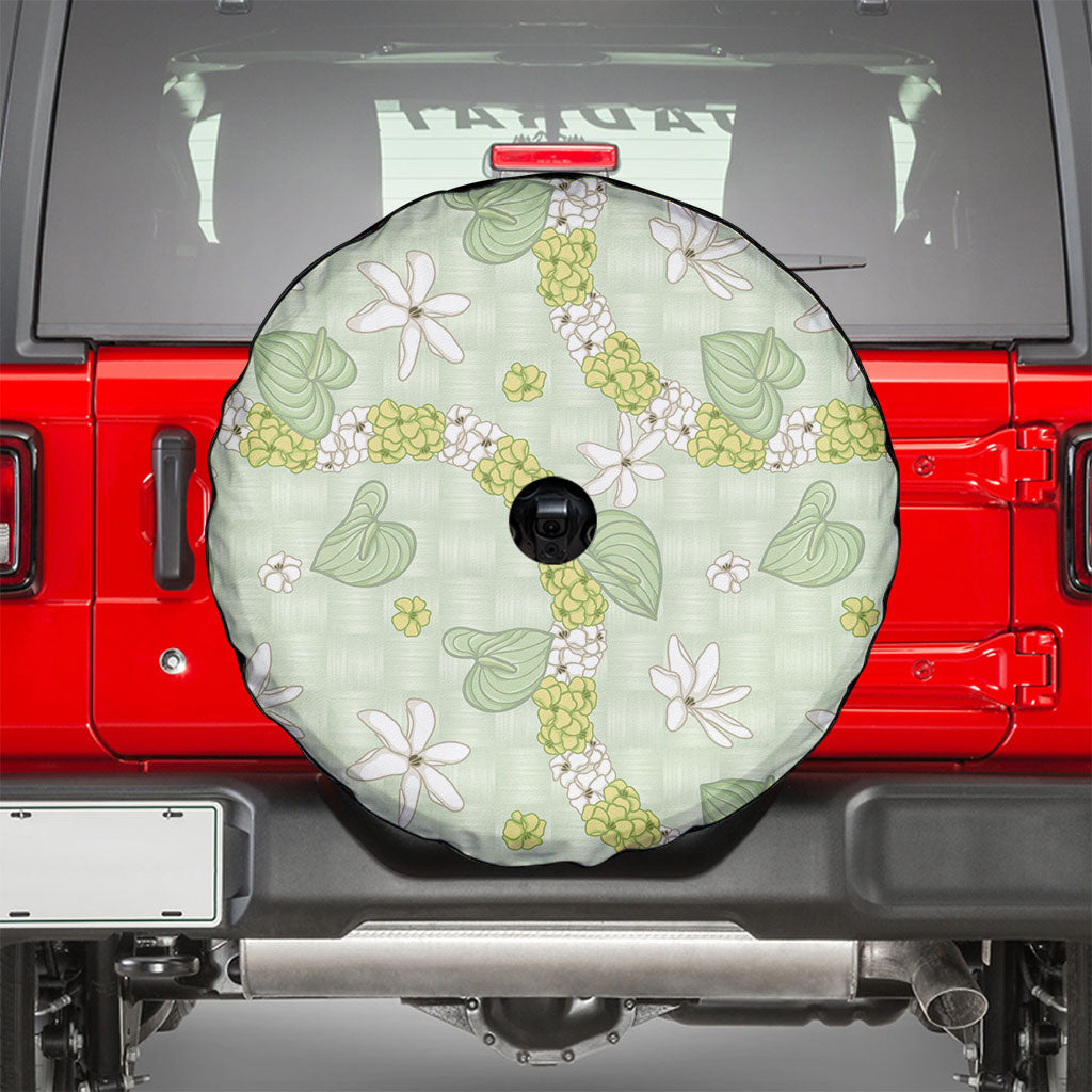 Hawaii Anthurium Tiare Pikake Lei Spare Tire Cover Sage Green Lauhala Art Pattern