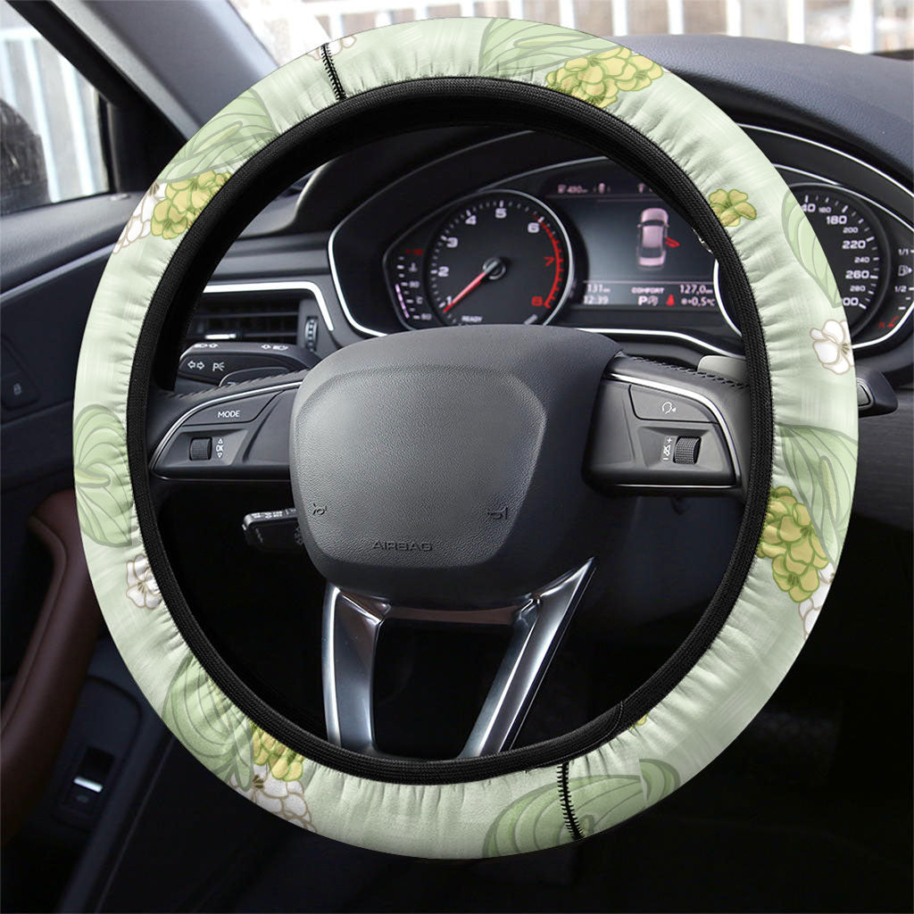 Hawaii Anthurium Tiare Pikake Lei Steering Wheel Cover Sage Green Lauhala Art Pattern