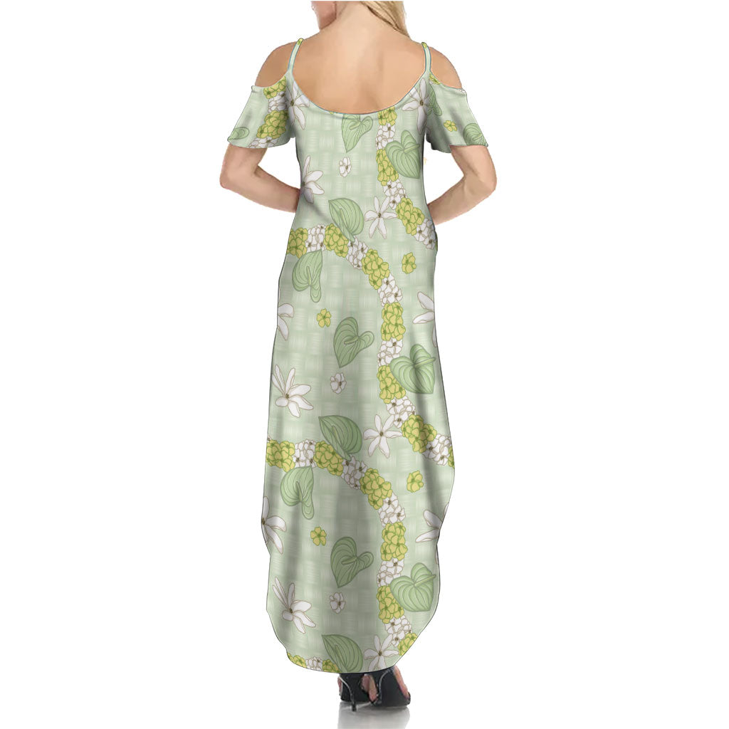 Hawaii Anthurium Tiare Pikake Lei Summer Maxi Dress Sage Green Lauhala Art Pattern