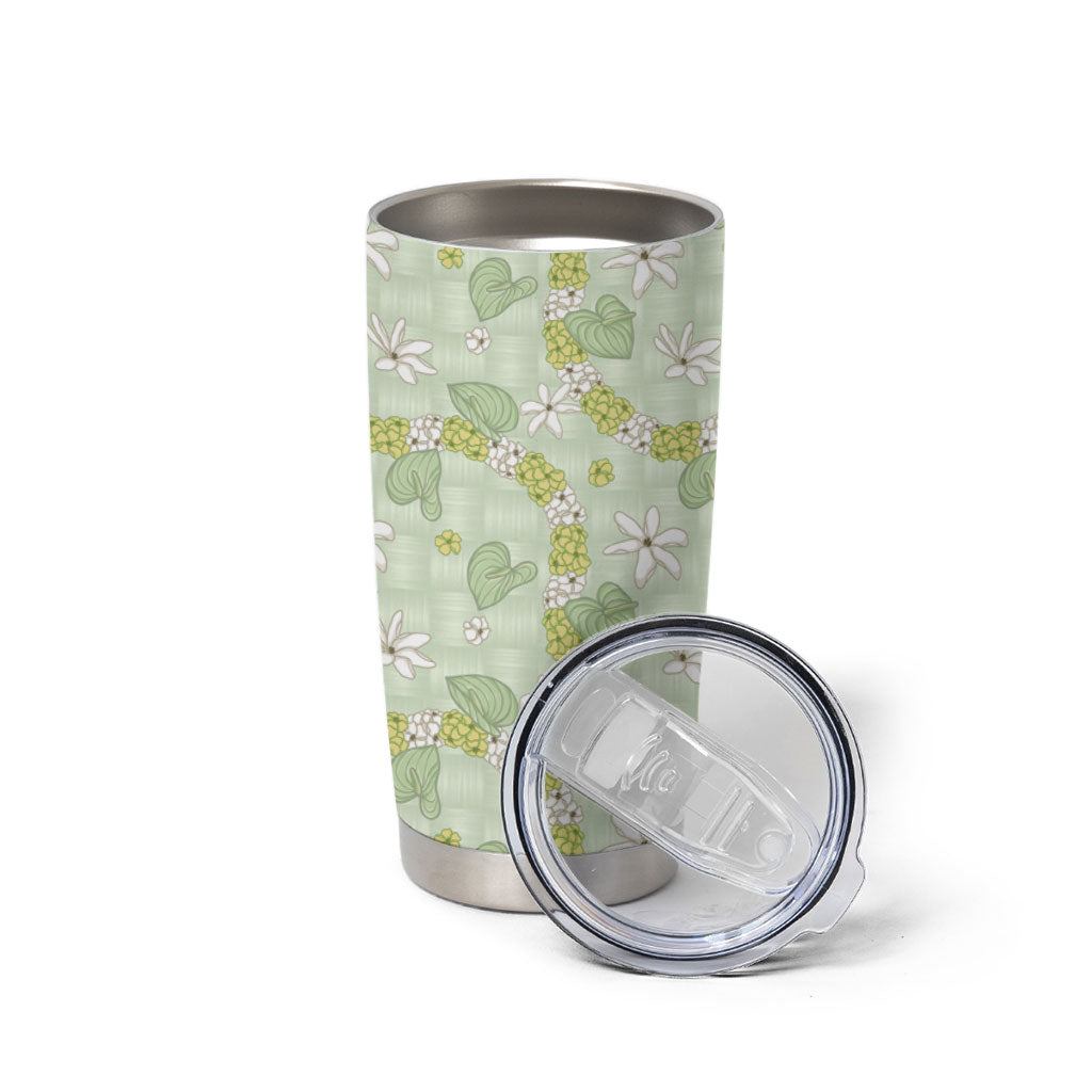 Hawaii Anthurium Tiare Pikake Lei Tumbler Cup Sage Green Lauhala Art Pattern