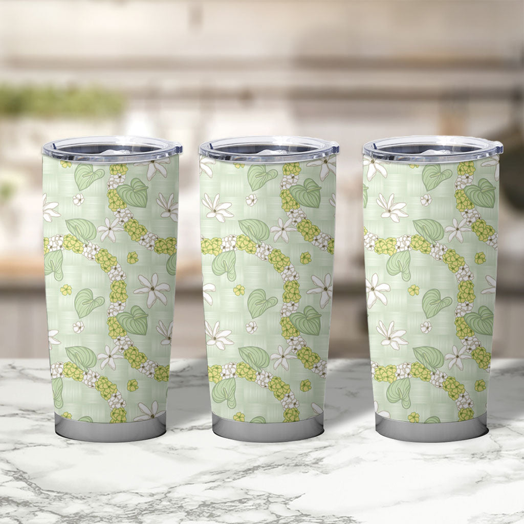 Hawaii Anthurium Tiare Pikake Lei Tumbler Cup Sage Green Lauhala Art Pattern
