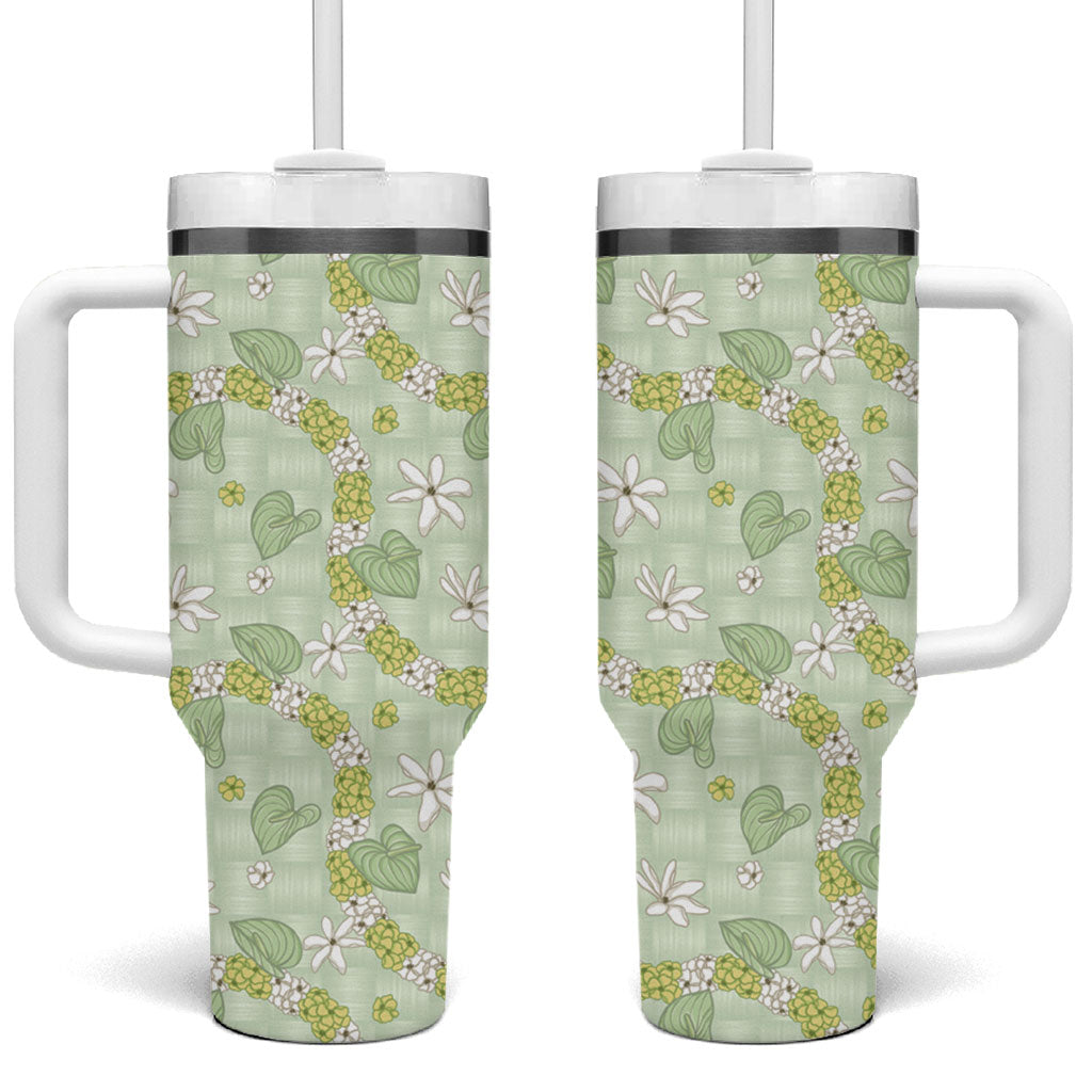 Hawaii Anthurium Tiare Pikake Lei Tumbler With Handle Sage Green Lauhala Art Pattern