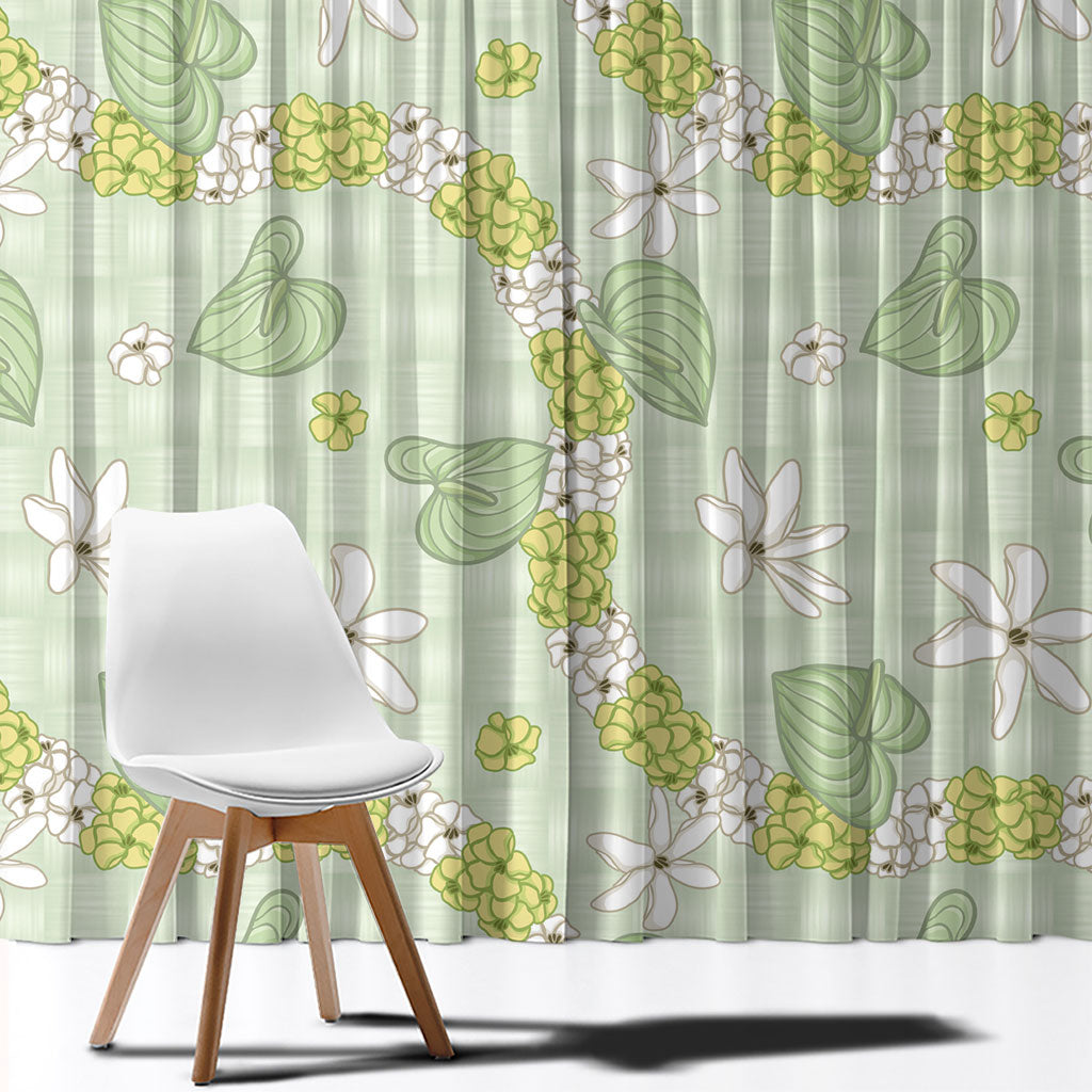 Hawaii Anthurium Tiare Pikake Lei Window Curtain Sage Green Lauhala Art Pattern