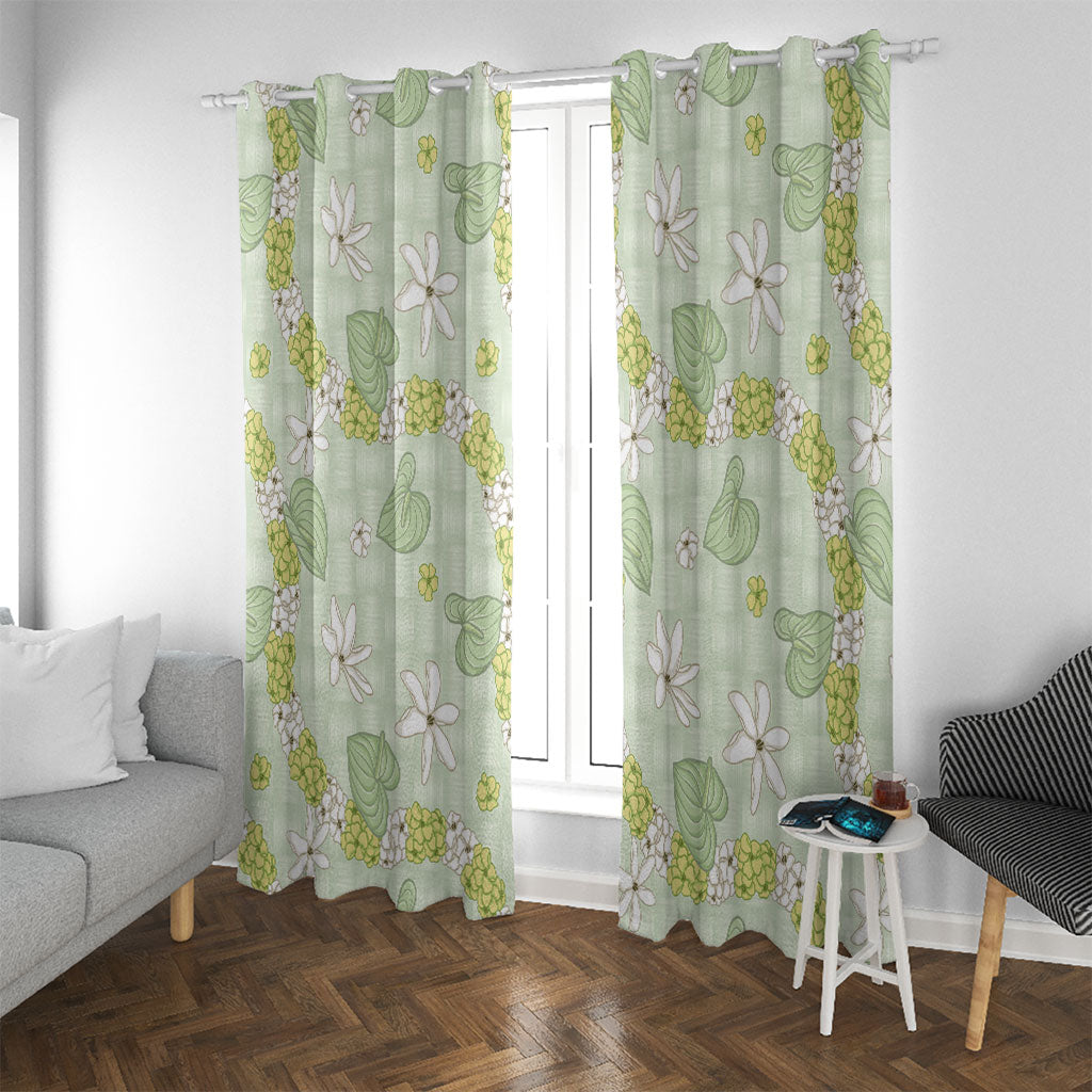 Hawaii Anthurium Tiare Pikake Lei Window Curtain Sage Green Lauhala Art Pattern