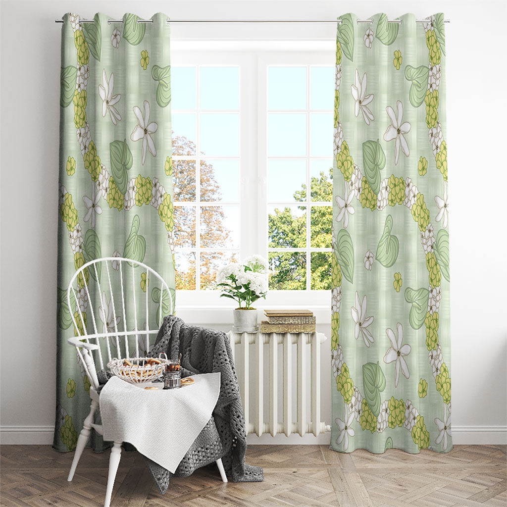 Hawaii Anthurium Tiare Pikake Lei Window Curtain Sage Green Lauhala Art Pattern