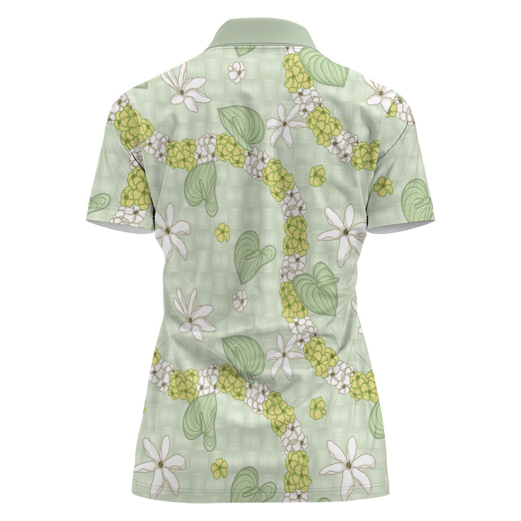 Hawaii Anthurium Tiare Pikake Lei Women Polo Shirt Sage Green Lauhala Art Pattern