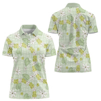 Hawaii Anthurium Tiare Pikake Lei Women Polo Shirt Sage Green Lauhala Art Pattern