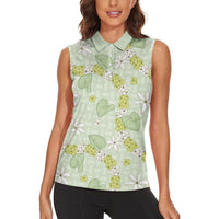 Hawaii Anthurium Tiare Pikake Lei Women Sleeveless Polo Shirt Sage Green Lauhala Art Pattern