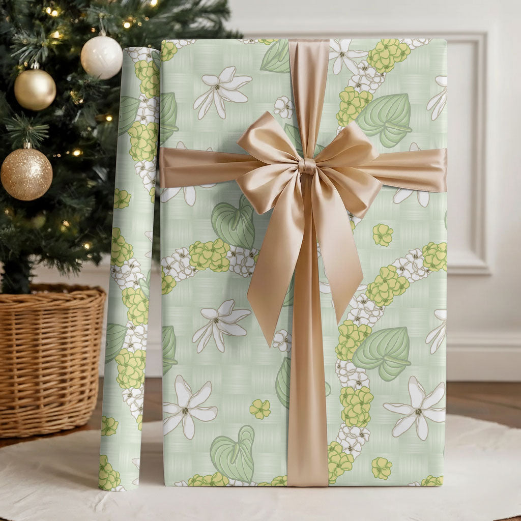 Hawaii Anthurium Tiare Pikake Lei Wrapping Paper Sage Green Lauhala Art Pattern
