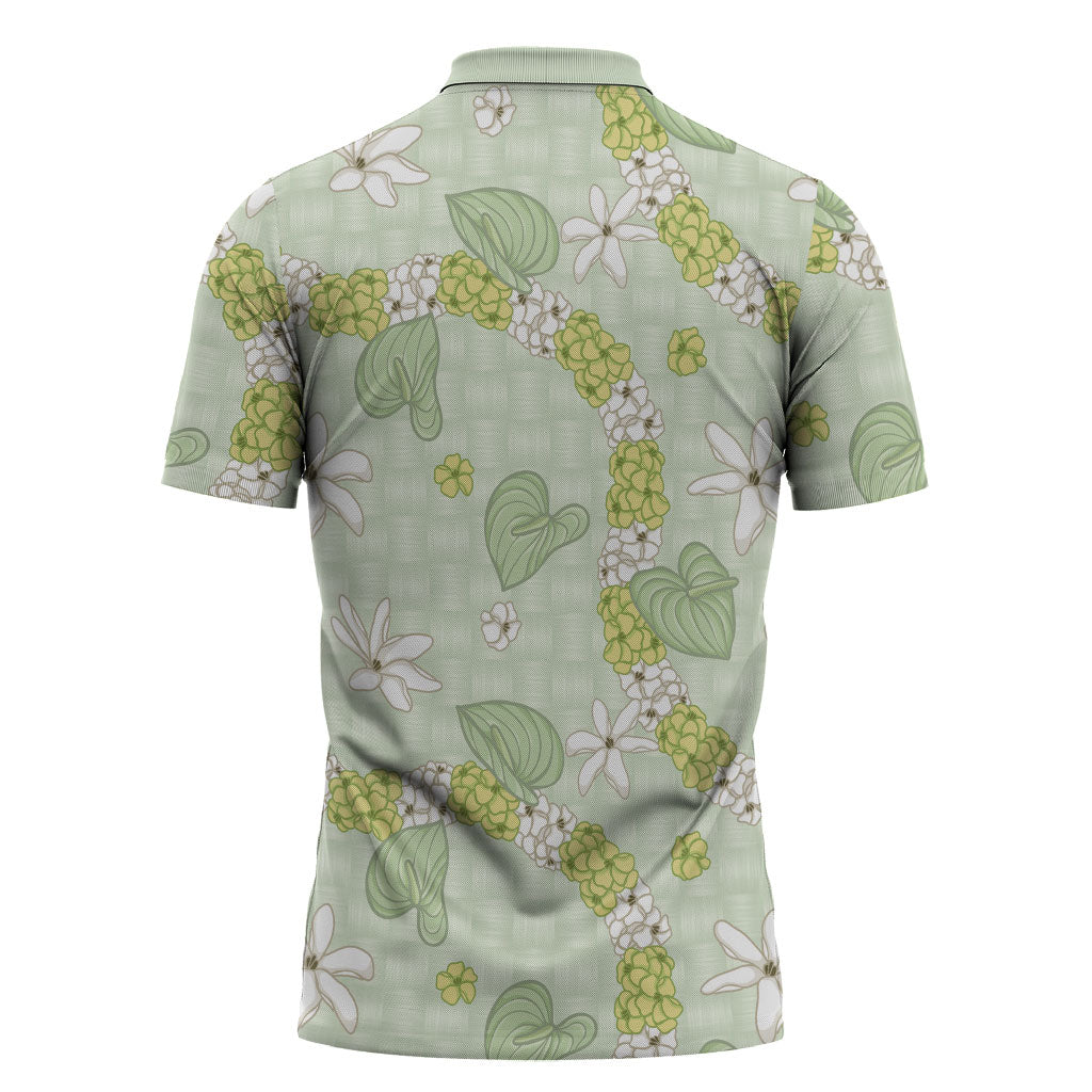 Hawaii Anthurium Tiare Pikake Lei Zipper Polo Shirt Sage Green Lauhala Art Pattern