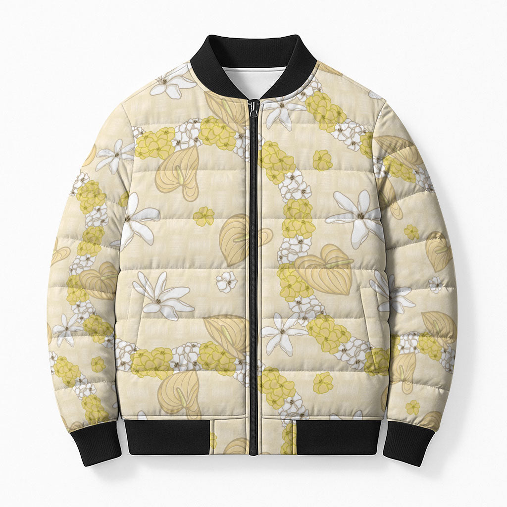 Hawaii Anthurium Tiare Pikake Lei Bomber Puffer Jacket Melemele Lauhala Art Pattern