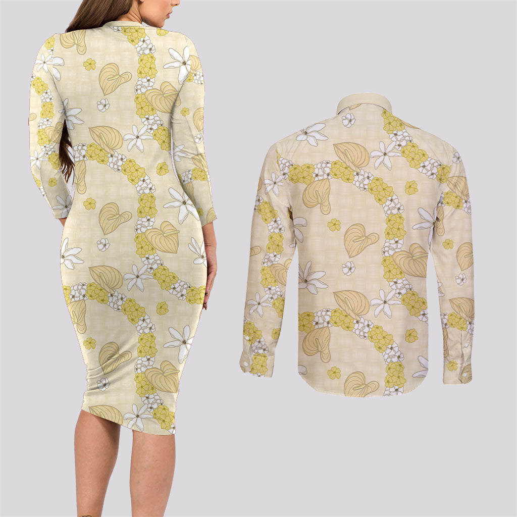 Hawaii Anthurium Tiare Pikake Lei Couples Matching Long Sleeve Bodycon Dress and Long Sleeve Button Shirt Melemele Lauhala Art Pattern