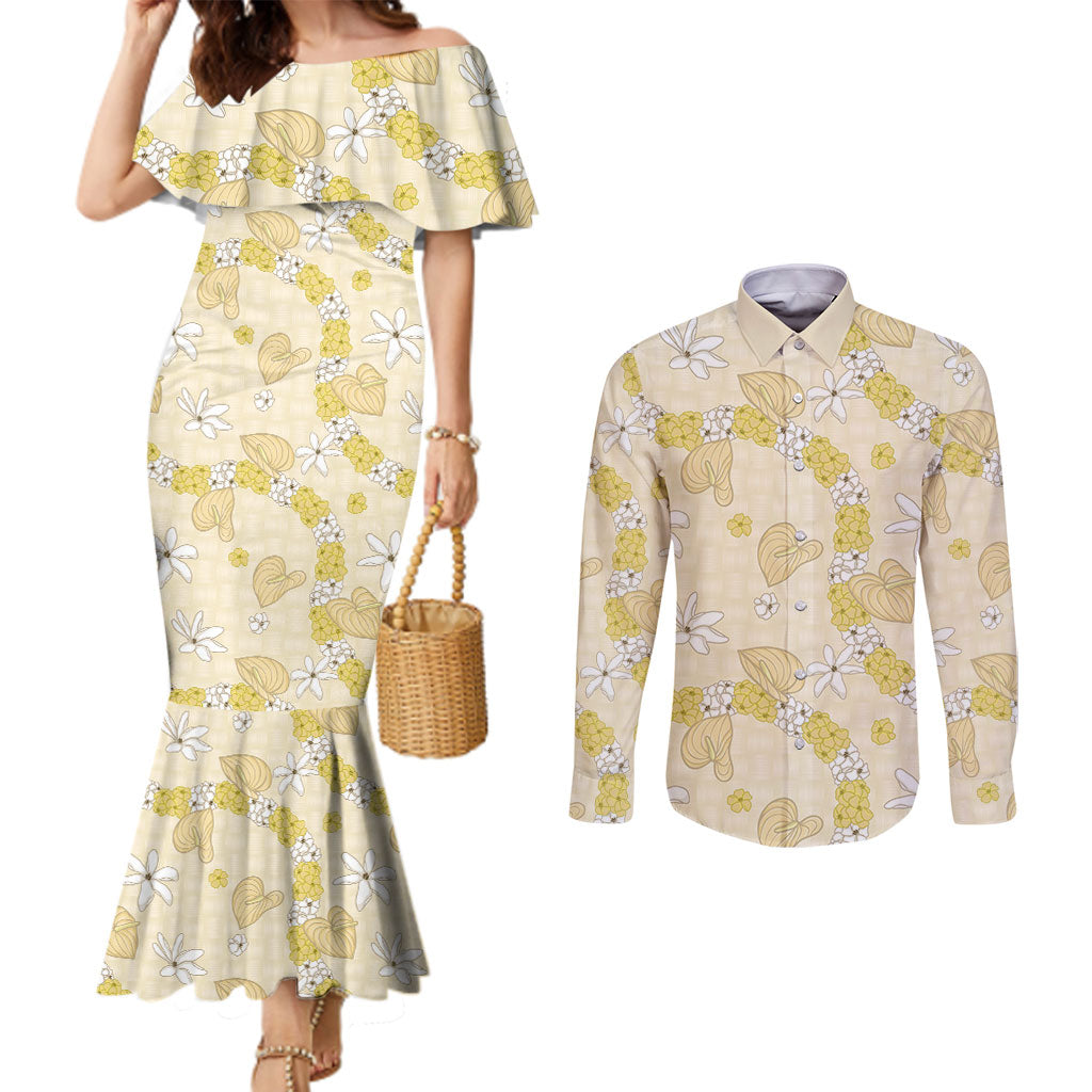 Hawaii Anthurium Tiare Pikake Lei Couples Matching Mermaid Dress and Long Sleeve Button Shirt Melemele Lauhala Art Pattern
