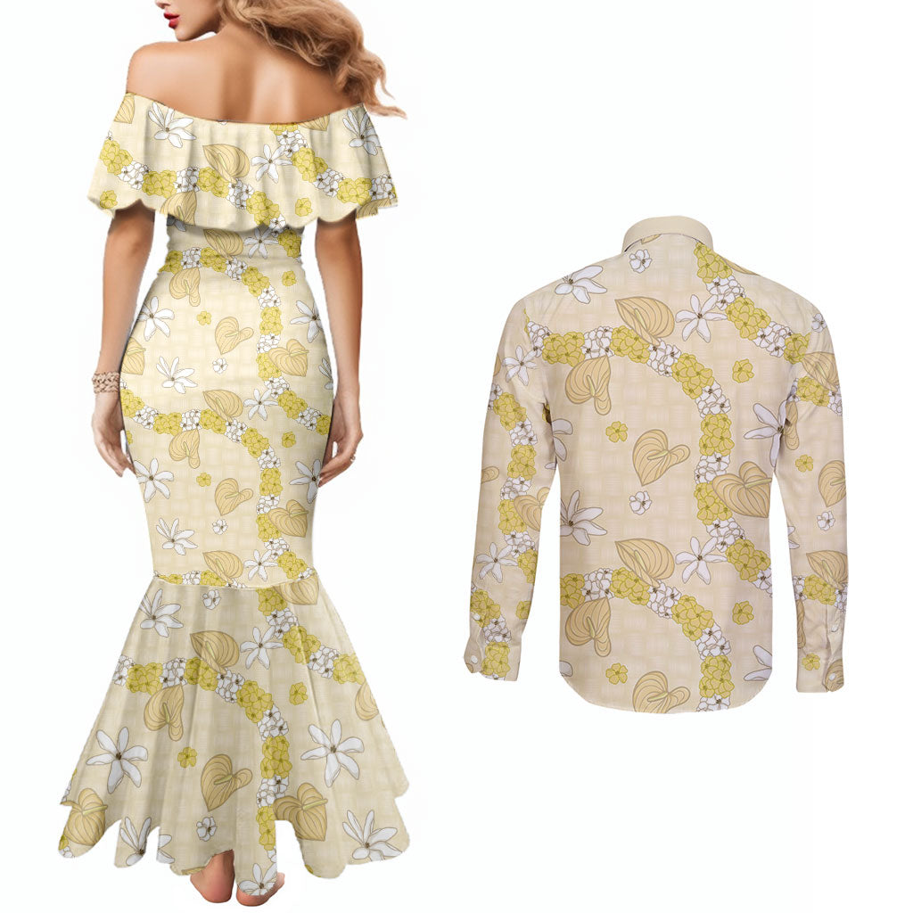 Hawaii Anthurium Tiare Pikake Lei Couples Matching Mermaid Dress and Long Sleeve Button Shirt Melemele Lauhala Art Pattern