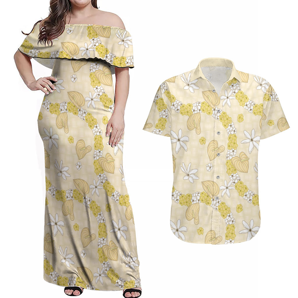 Hawaii Anthurium Tiare Pikake Lei Couples Matching Off Shoulder Maxi Dress and Hawaiian Shirt Melemele Lauhala Art Pattern LT01 Yellow - Polynesian Pride