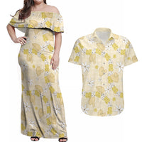 Hawaii Anthurium Tiare Pikake Lei Couples Matching Off Shoulder Maxi Dress and Hawaiian Shirt Melemele Lauhala Art Pattern LT01 Yellow - Polynesian Pride