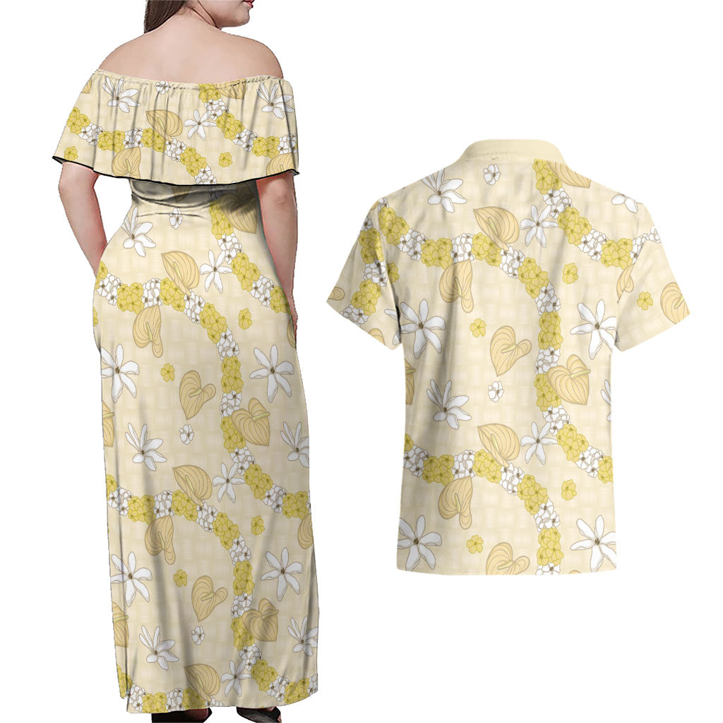 Hawaii Anthurium Tiare Pikake Lei Couples Matching Off Shoulder Maxi Dress and Hawaiian Shirt Melemele Lauhala Art Pattern LT01 - Polynesian Pride