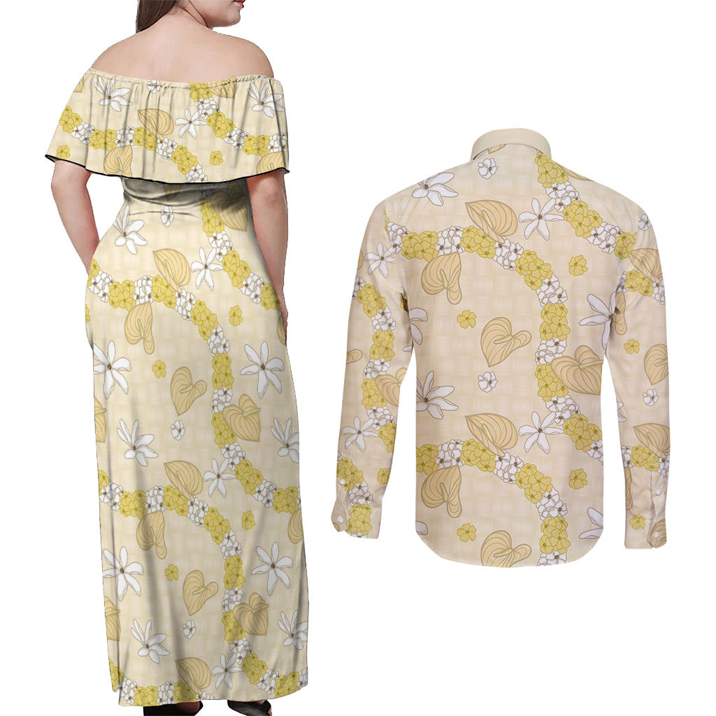 Hawaii Anthurium Tiare Pikake Lei Couples Matching Off Shoulder Maxi Dress and Long Sleeve Button Shirt Melemele Lauhala Art Pattern