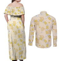 Hawaii Anthurium Tiare Pikake Lei Couples Matching Off Shoulder Maxi Dress and Long Sleeve Button Shirt Melemele Lauhala Art Pattern
