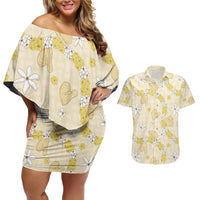 Hawaii Anthurium Tiare Pikake Lei Couples Matching Off Shoulder Short Dress and Hawaiian Shirt Melemele Lauhala Art Pattern