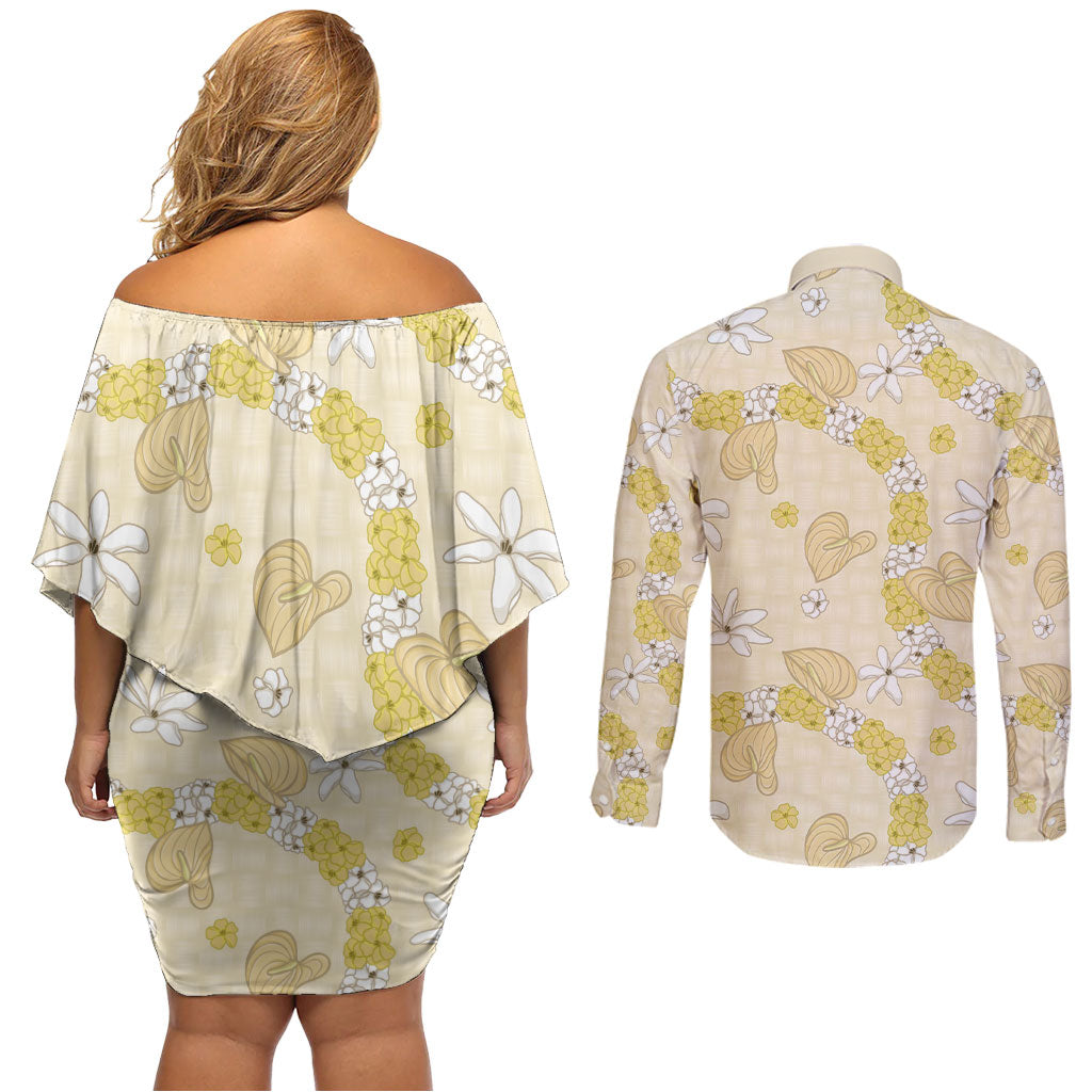 Hawaii Anthurium Tiare Pikake Lei Couples Matching Off Shoulder Short Dress and Long Sleeve Button Shirt Melemele Lauhala Art Pattern